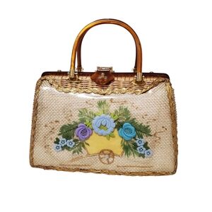 1950s Vintage Bag Tropical In Miami Wicker Handbag With Lucite Handles